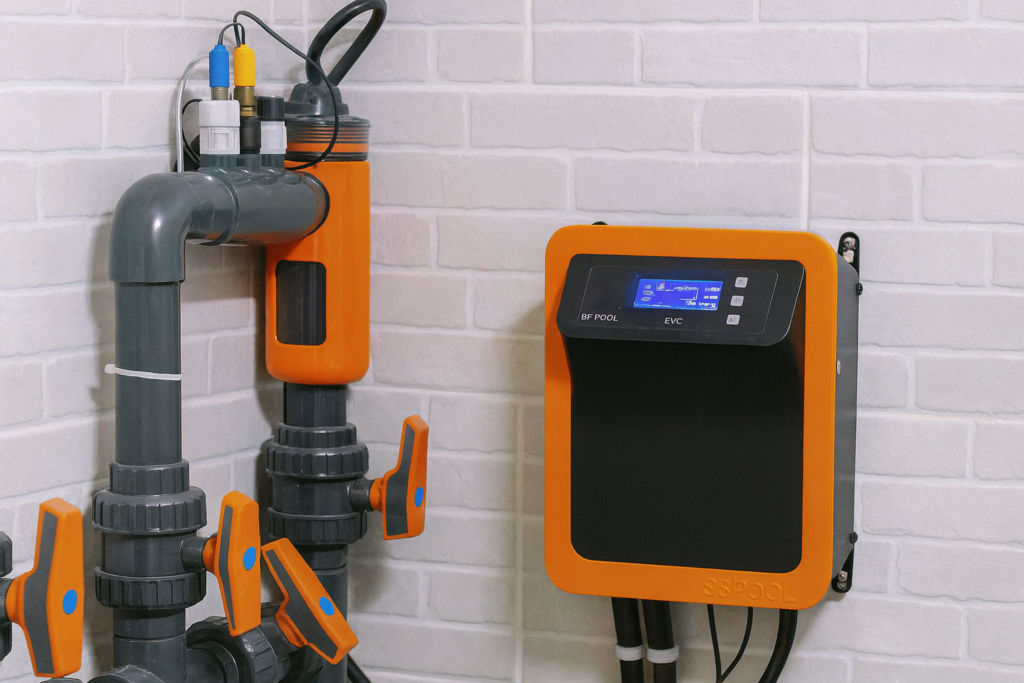 Instalación de clorador salino y célula de electrólisis con tuberías y válvulas en sala técnica de piscina.