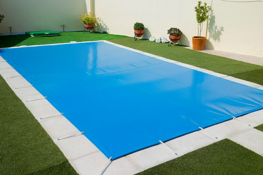 Robot limpiador en funcionamiento dentro de una piscina, preferiblemente visto desde arriba o lateral.