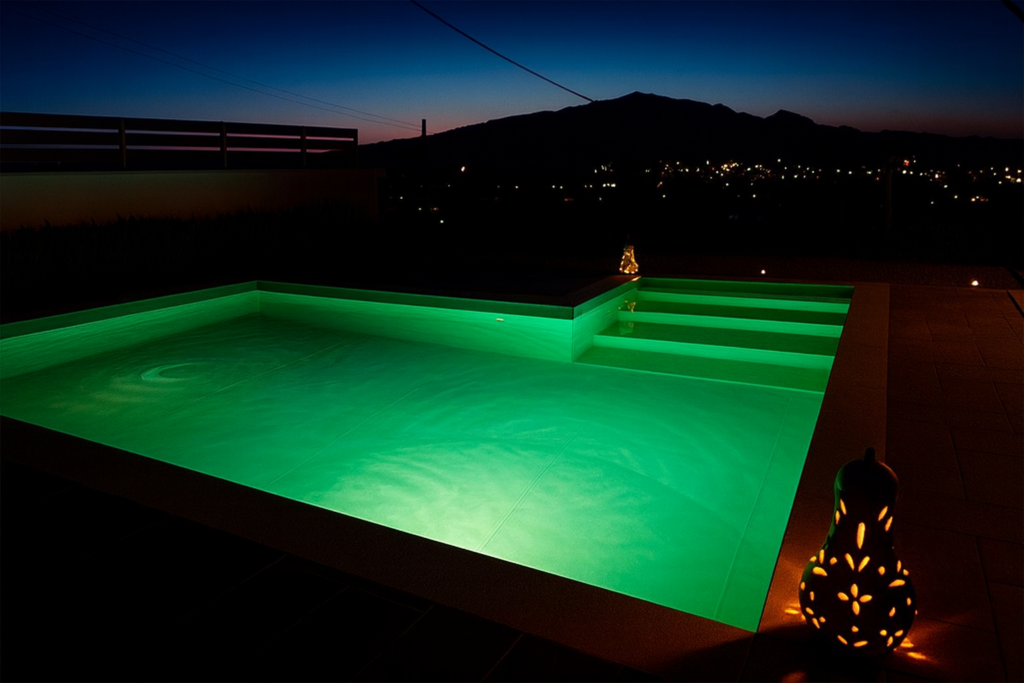 Piscina moderna iluminada de noche con luces LED verdes, escalera integrada y vistas panorámicas a la ciudad y montañas al fondo.
