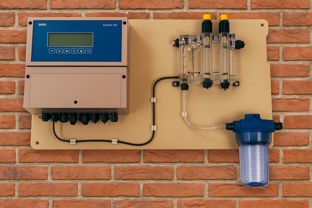 Panel de control para tratamiento de agua con controlador digital, caudalímetros y filtro instalado sobre pared de ladrillo.