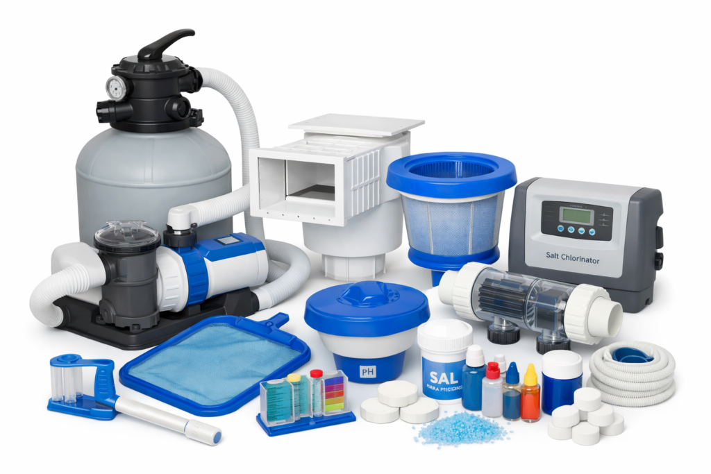 Equipamiento y accesorios de piscina residencial con depuradora, filtro de arena y clorador salino sobre fondo blanco