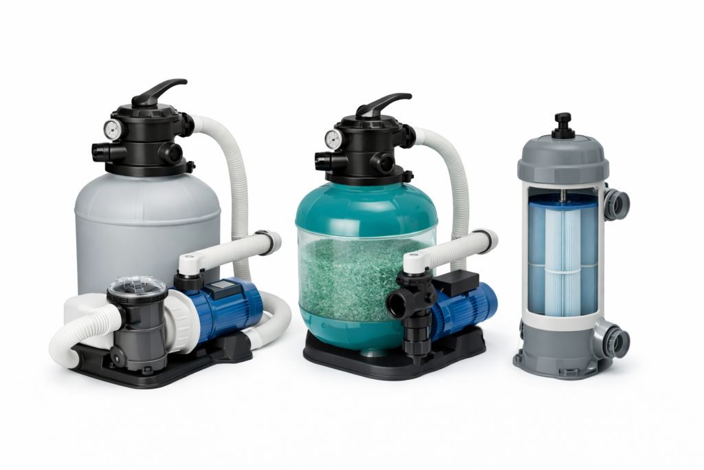 Filtros de piscina de arena, vidrio filtrante y cartucho para sistemas de depuración