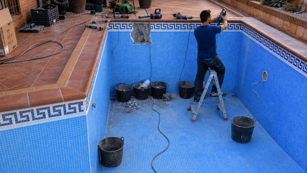 trabajos de reforma de piscina con reparación de revestimiento y preparación para renovación